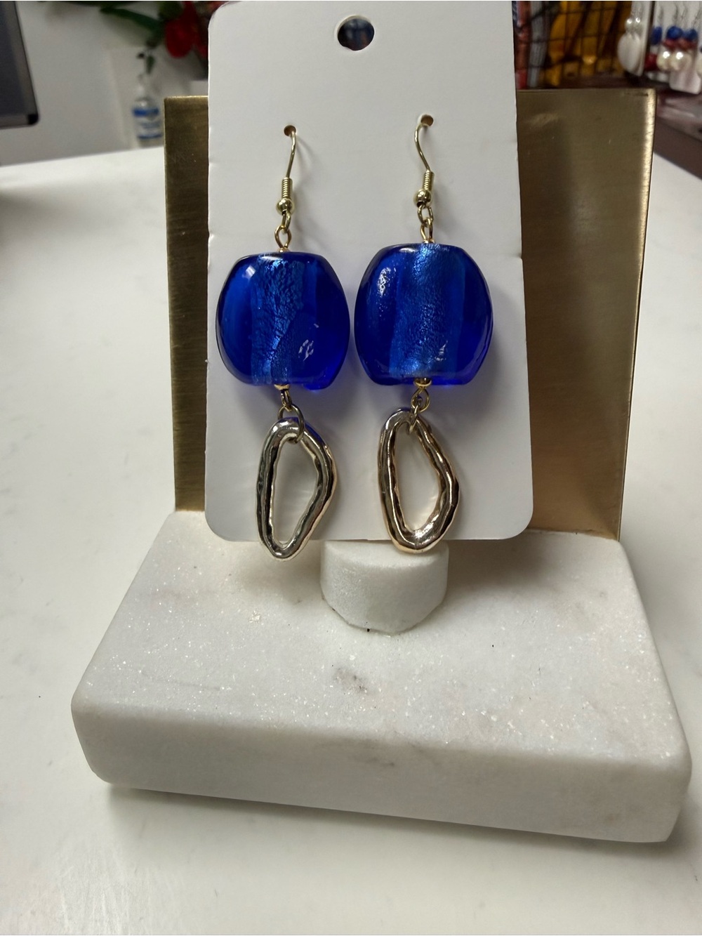 Blue Glass Drop Earrings with Gold Accents